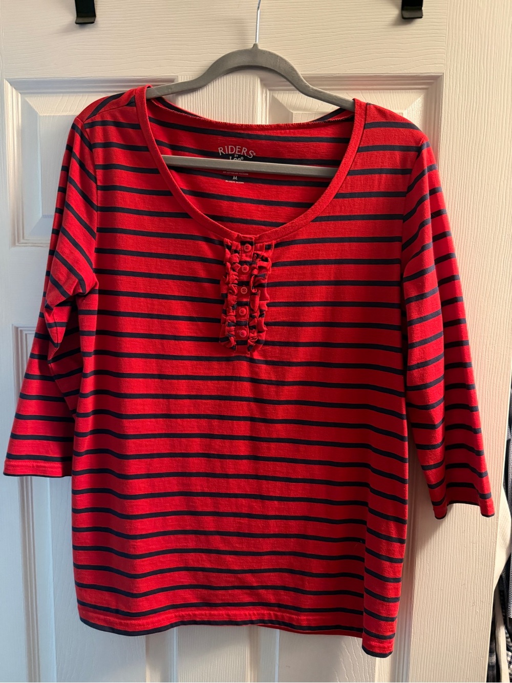 Riders by Lee Red and Navy Striped Scoop-Neck Button Placket Top